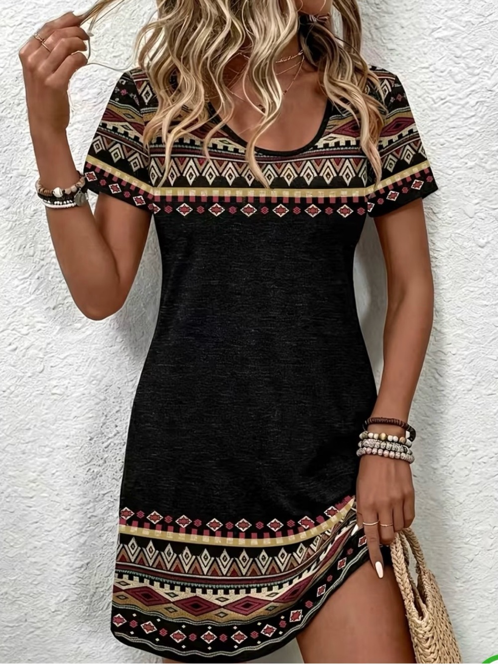 Boho Aztec-Trim Short Sleeve Dress - Black